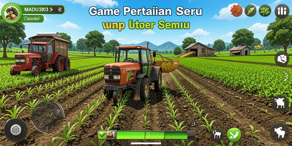 Screenshot gameplay MADU303 menampilkan lahan pertanian yang subur dan hewan ternak.