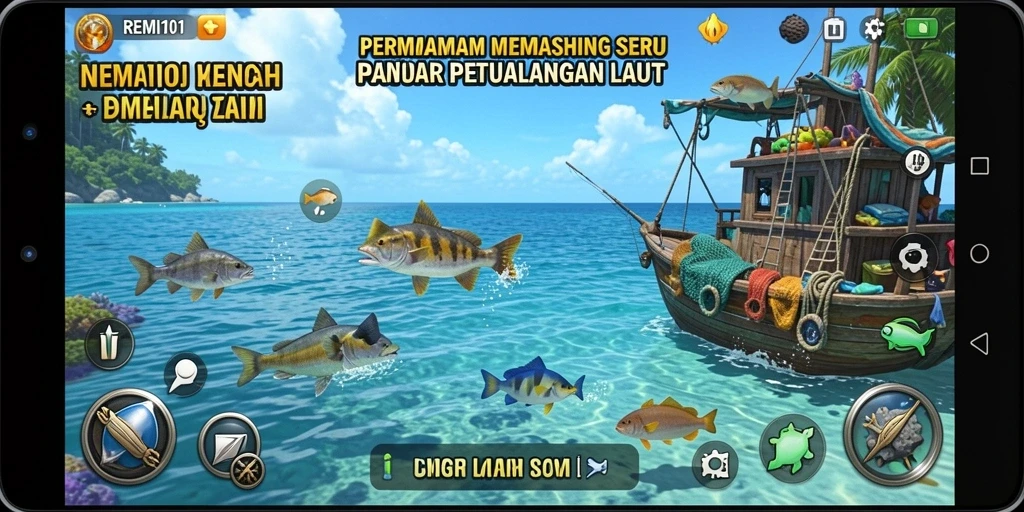 Screenshot menampilkan gameplay REMI101 yang seru saat memancing