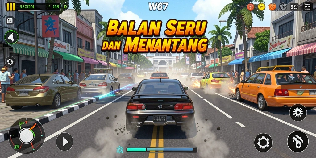 Screenshot gameplay W67 yang menampilkan balapan seru di jalanan.